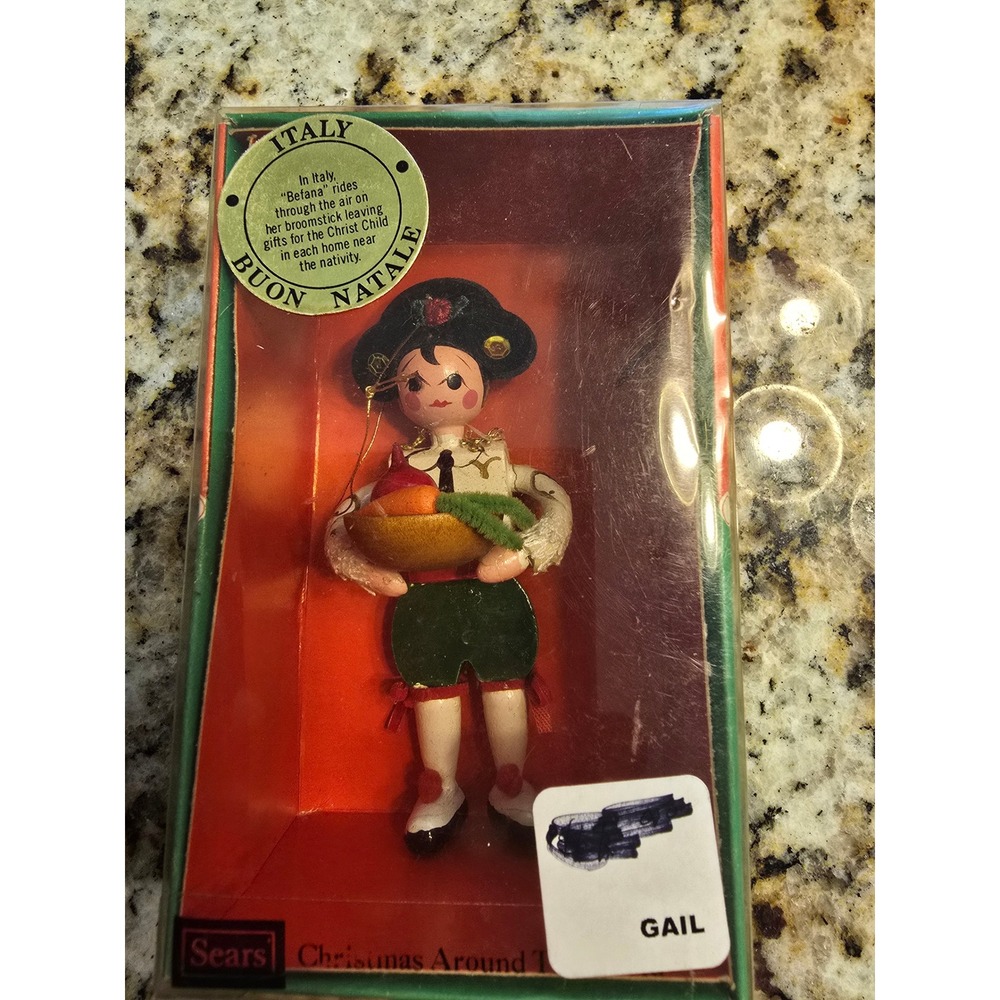 Vintage Sears Christmas Around The World‎ Italy Befana Wooden Ornament In Box